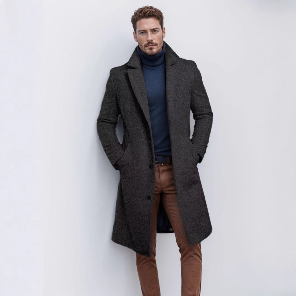 Men's single-breasted long warm coat, dark gray textured fabric with notch lapels