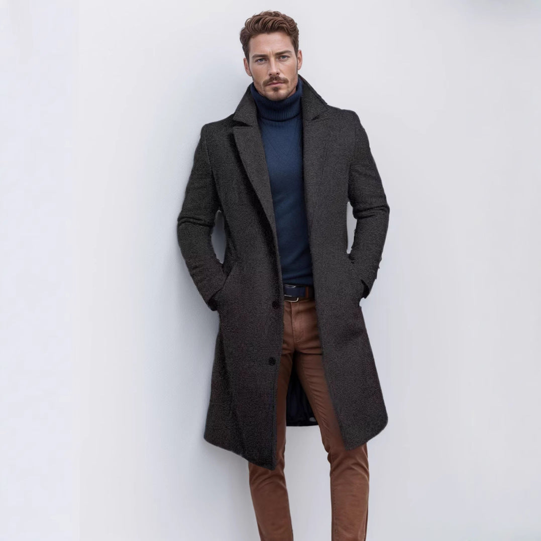 Men's single-breasted long warm coat, dark gray textured fabric with notch lapels