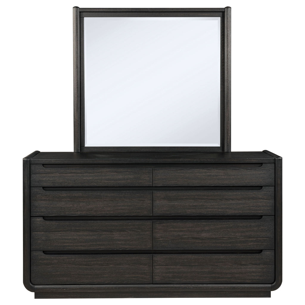 Black 8-drawer bedroom dresser with hinged rectangular mirror and stacked drawer fronts