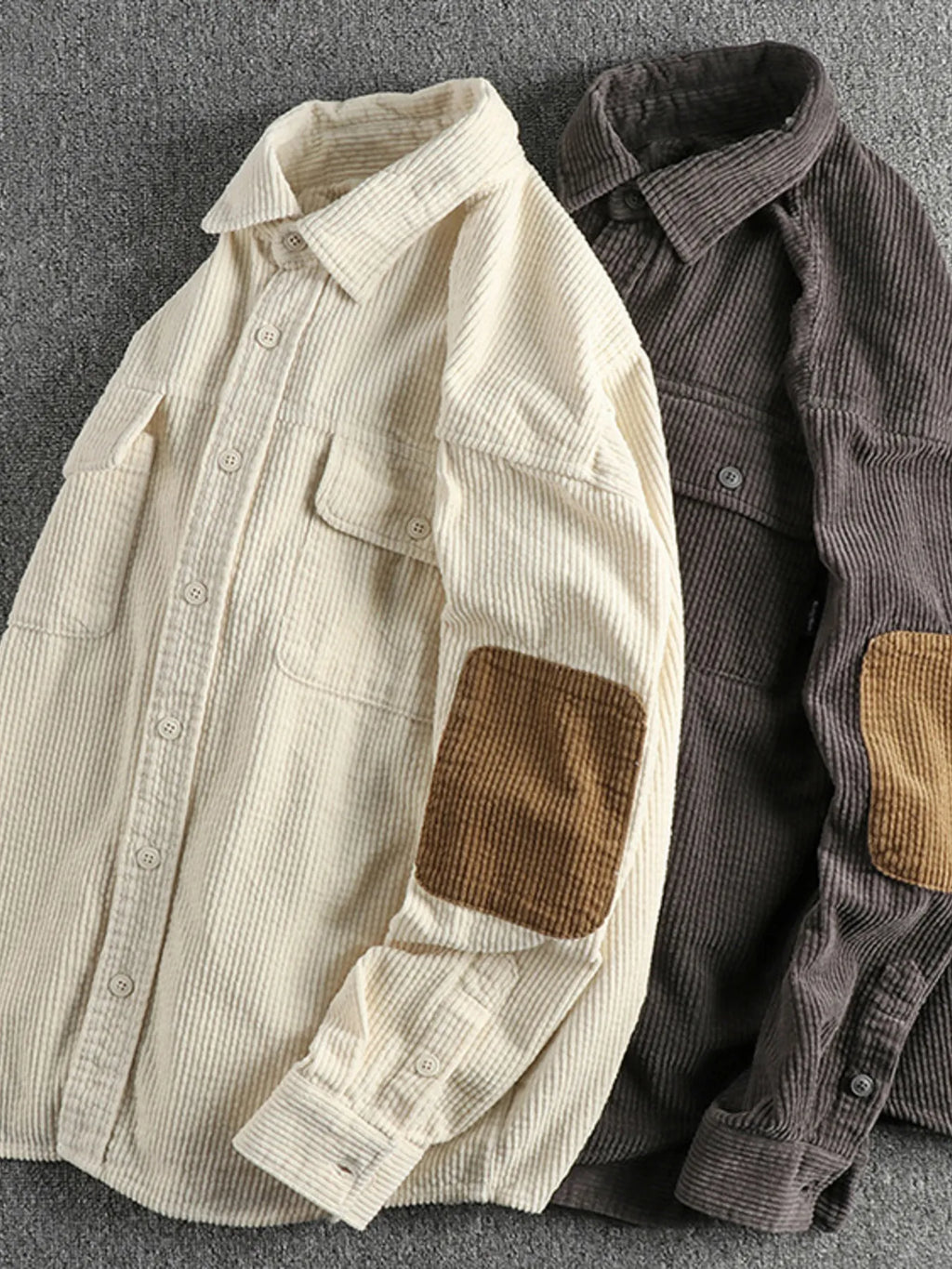Two plus-size corduroy button-up shirts: light beige and dark gray with tan contrast patches