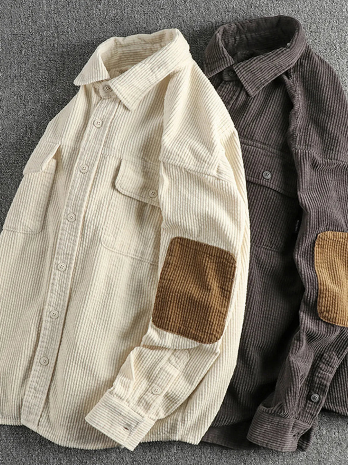 Two plus-size corduroy button-up shirts: light beige and dark gray with tan contrast patches