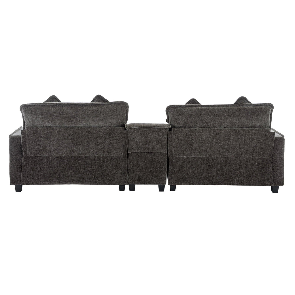 Dark gray sectional sofa side view with two ottomans folded out