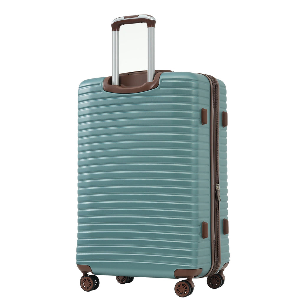 Lightweight hard-shell suitcase with teal ridged body, brown trim, and 4 spinner wheels