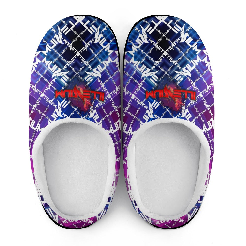 Cotton slippers pair with purple and blue logo-style print, white lining, black trim