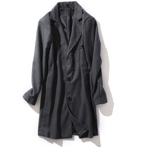 Men's mid-length long-sleeve wool coat, dark gray with button front and notched lapels