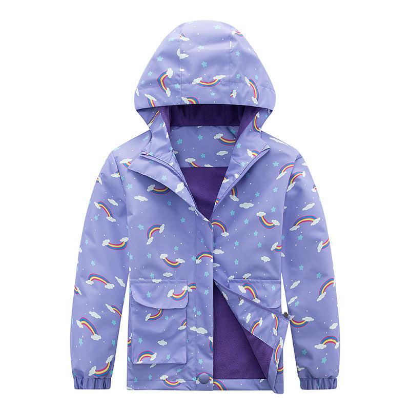 Kids waterproof hooded jacket, light purple with rainbow cloud print, full zip and elastic cuffs.