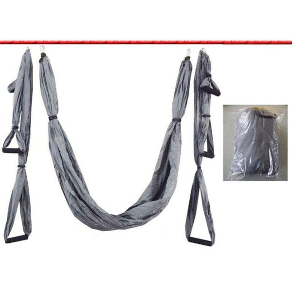 Gray aerial yoga hammock swing with end loops and hanging straps