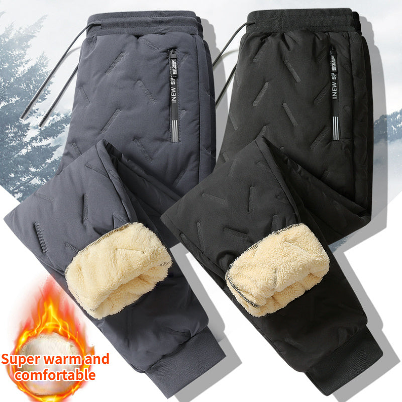 Men’s insulated fleece sweatpants, gray and black, sherpa-lined cuffs and drawstring waistband