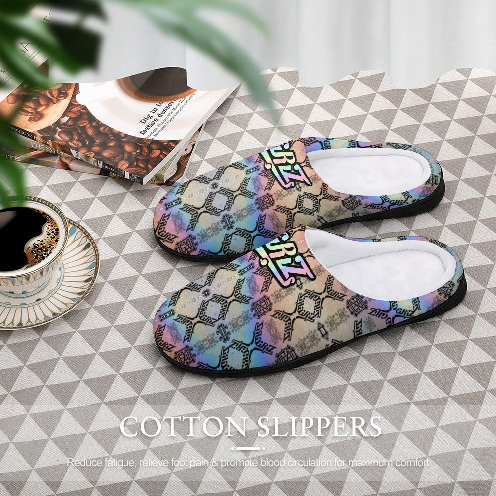 Pair cotton slippers with gradient logo print, white lining, and textured black sole