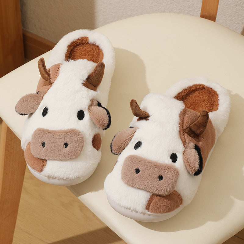 White plush cow face slippers with brown ears and hooves, soft winter house shoes