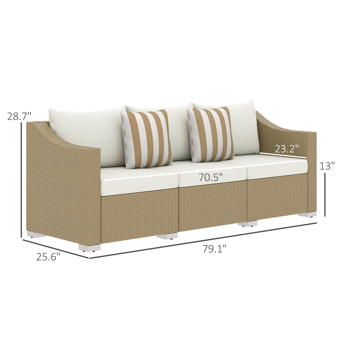 Beige woven rattan loveseat with white cushions, rounded armrests, and striped pillows