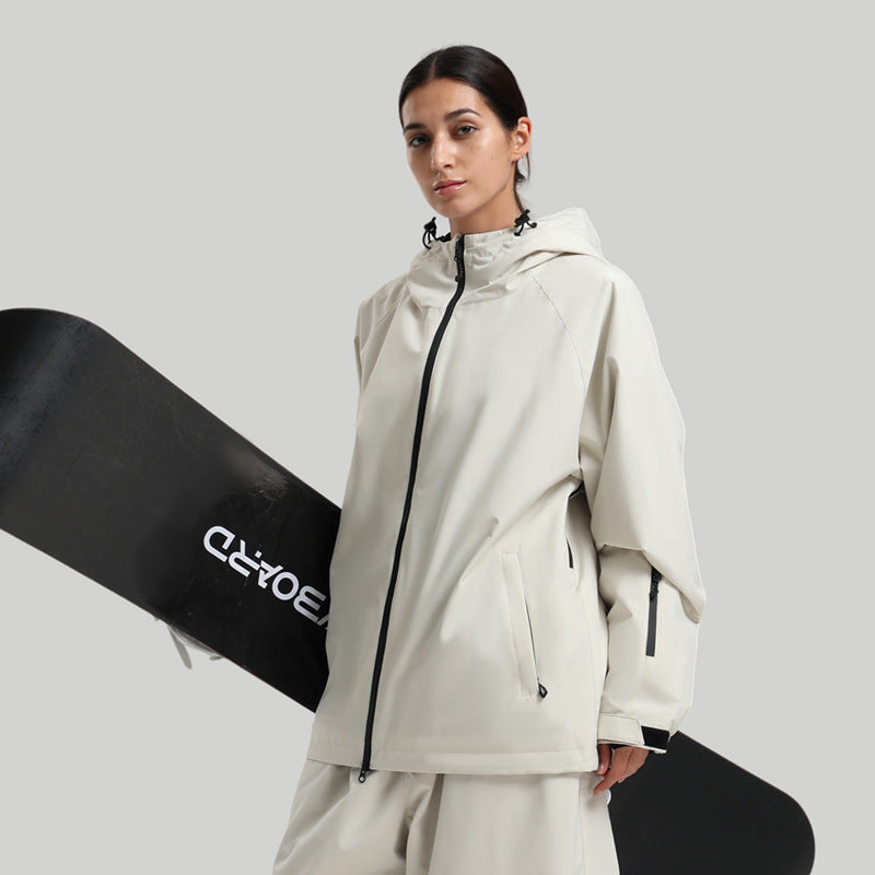 Women's solid-color professional ski suit jacket, off-white with black zipper