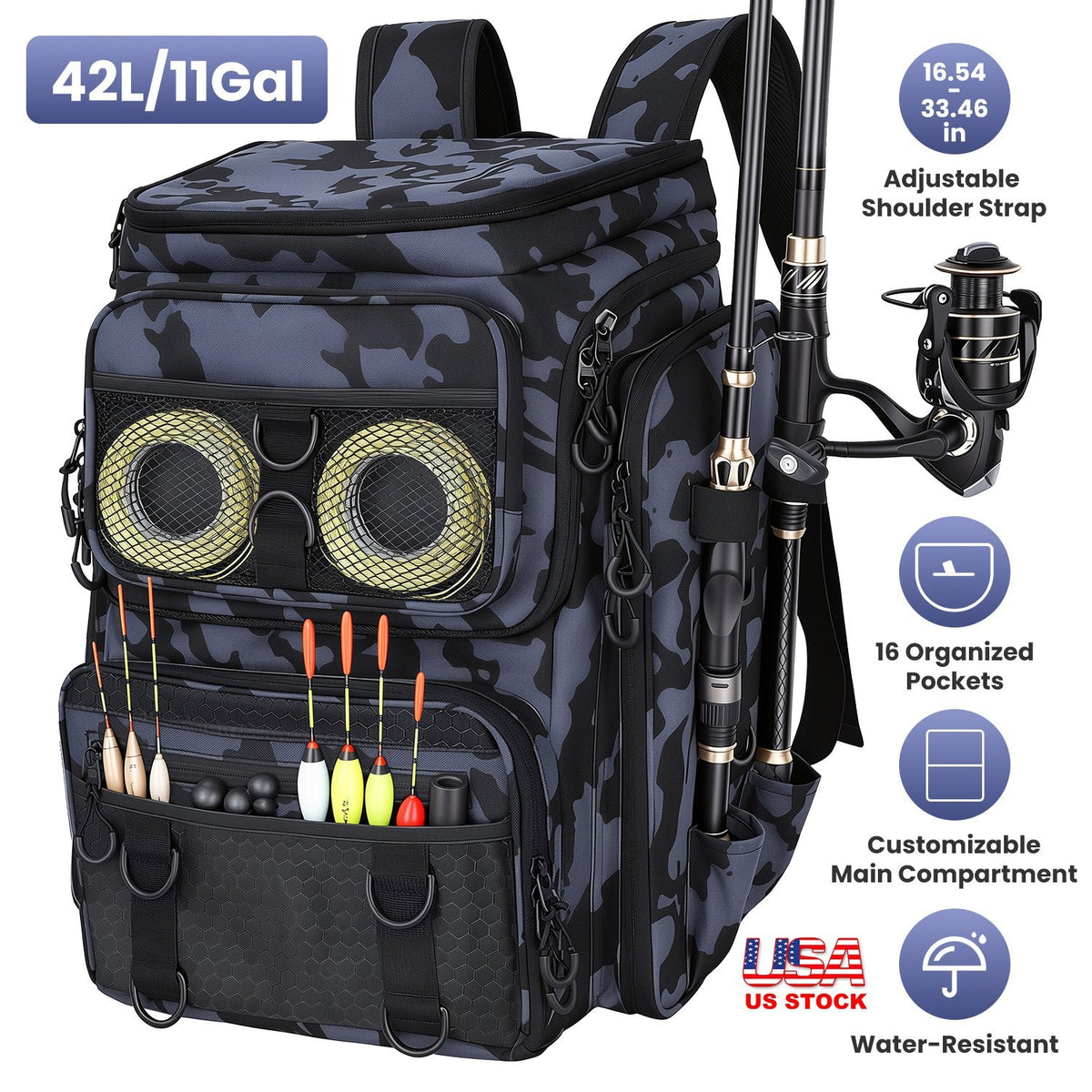 Camo fishing tackle backpack with open tackle pockets and gear storage, rod holder side