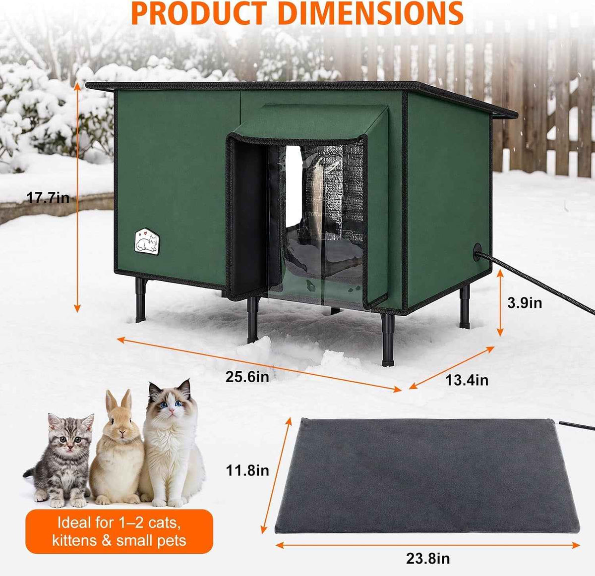 Green outdoor cat house with covered entrance, raised legs, and removable heating pad; dimensions shown