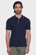 Navy mercerized cotton polo with ribbed collar, striped placket trim, and half-zip