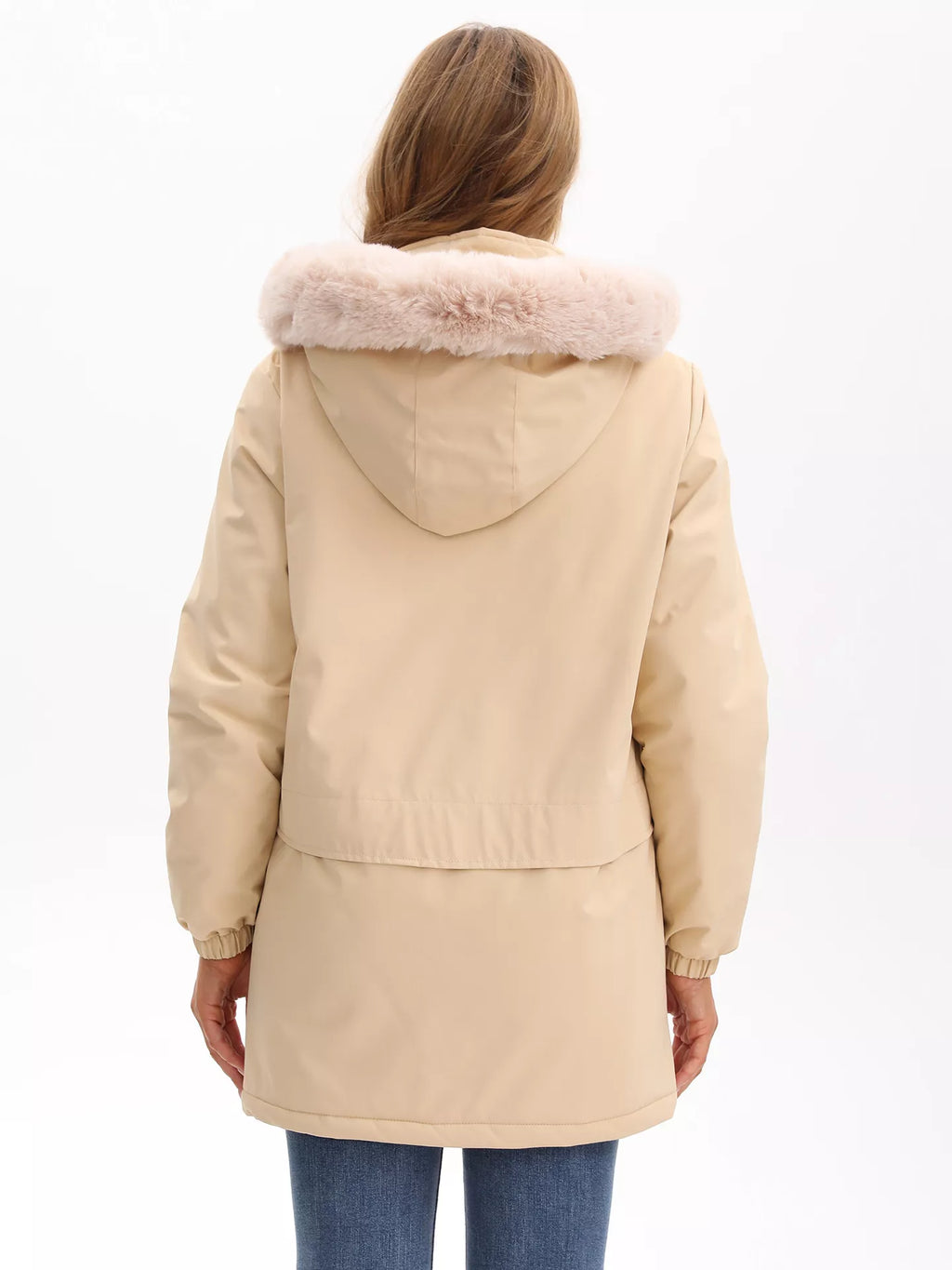 Khaki hooded winter parka, back view with faux-fur trim around the hood