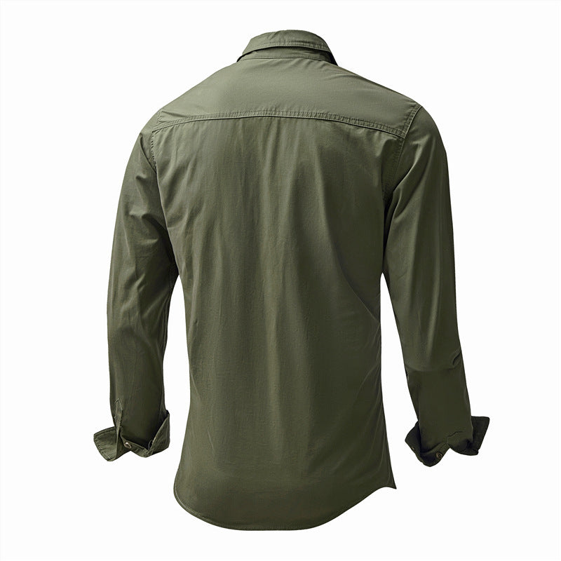 Men's utility work shirt, army green, back view, button-front, long sleeves