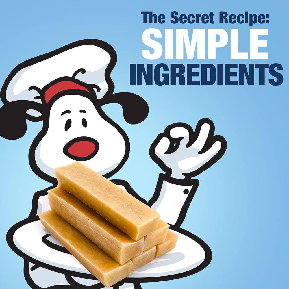 Yak cheese dog chews stack, tan rectangular sticks on plate