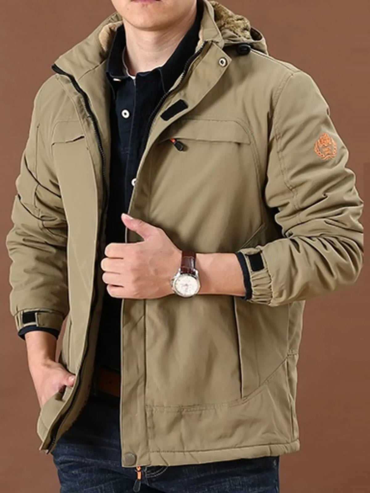 Men's tan hooded fleece-lined jacket with sherpa collar, zip front and side pockets