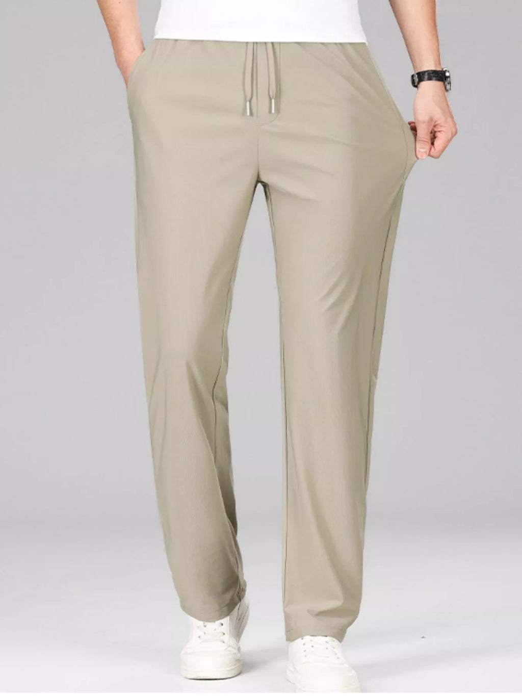 Lightweight drawstring casual pants in khaki beige, straight leg with drawstring waist