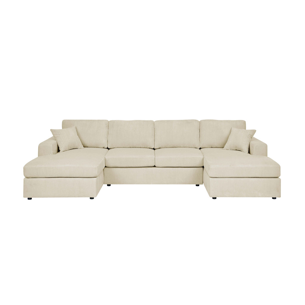 Beige sectional sofa with chaise lounge seats and tufted back cushions