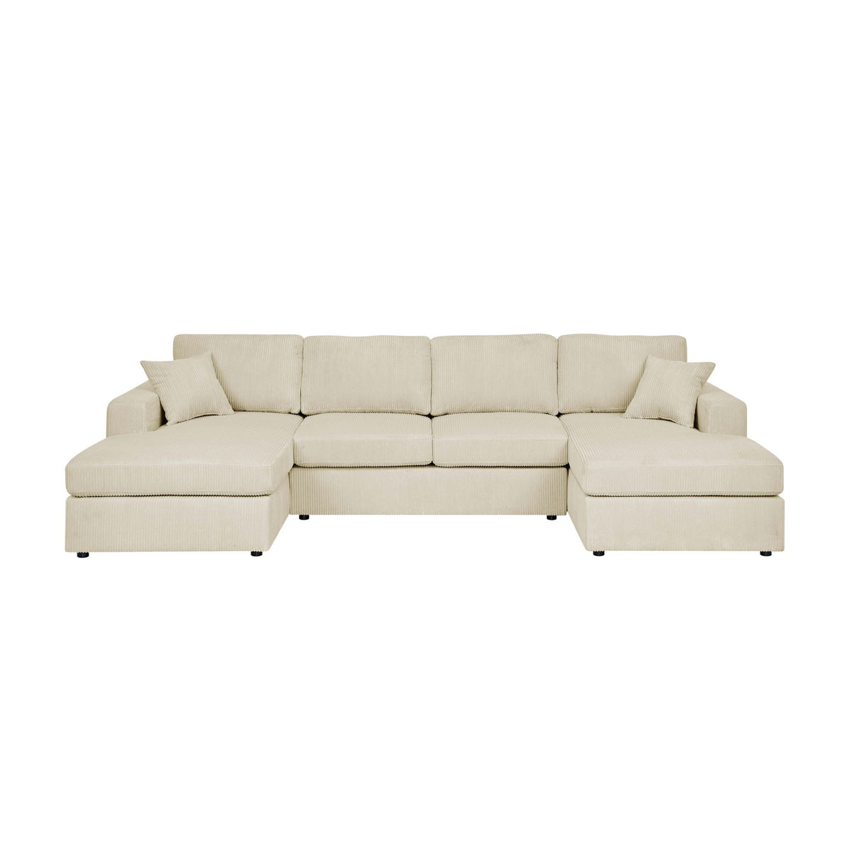 Beige sectional sofa with chaise lounge seats and tufted back cushions