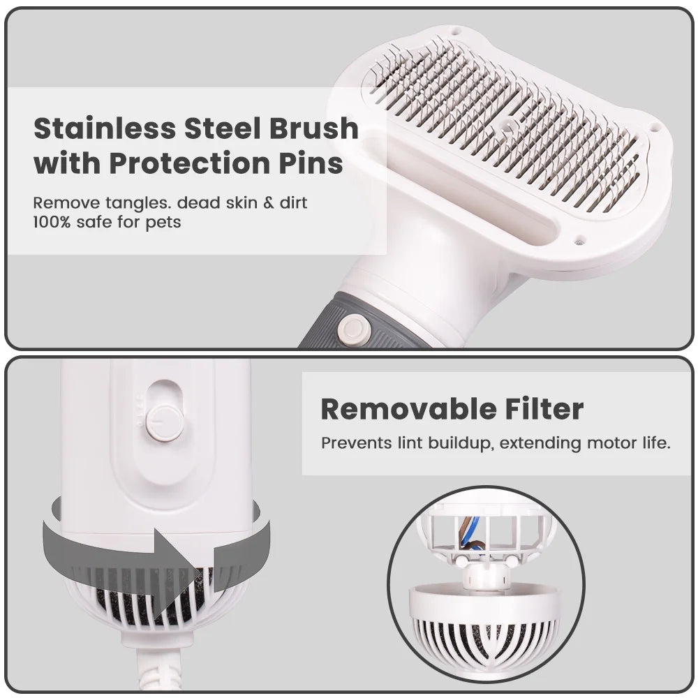 Close-up of stainless steel brush pins and removable filter on pet grooming dryer
