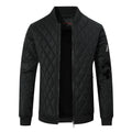 Black stand-collar quilted leather jacket, full-zip front and side zipper pocket