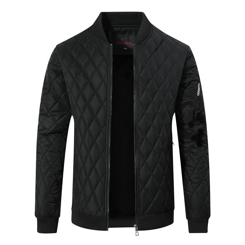 Black stand-collar quilted leather jacket, full-zip front and side zipper pocket