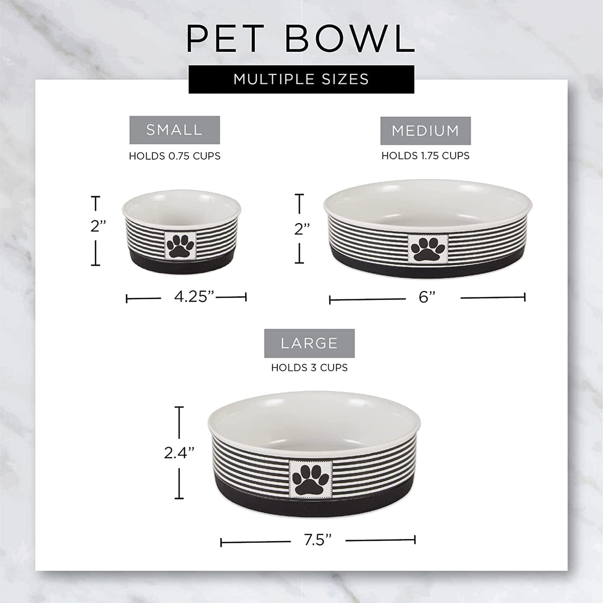 Medium gray ceramic pet bowl with black stripes and paw print, 6 inches wide and 2 inches tall.