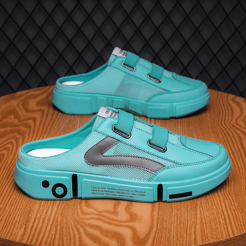 Breathable mesh half slippers, teal, closed toe, dual buckle straps, chunky sole
