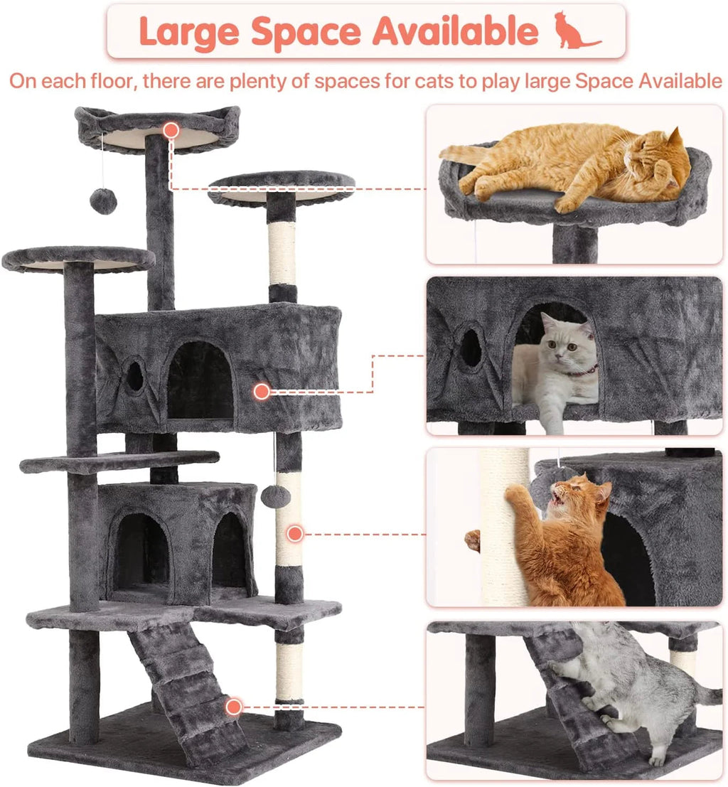 Gray cat tree with roomy perches, two condos, scratching posts and a fabric ramp