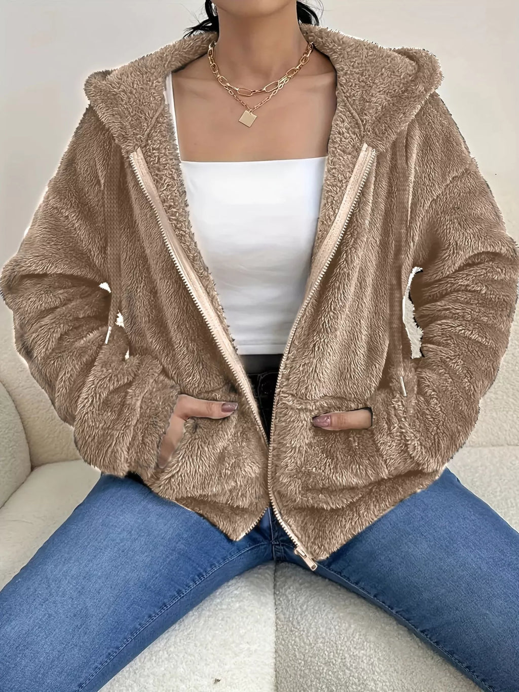 Taupe fleece zip-up hoodie with hood, full zipper front, and long sleeves
