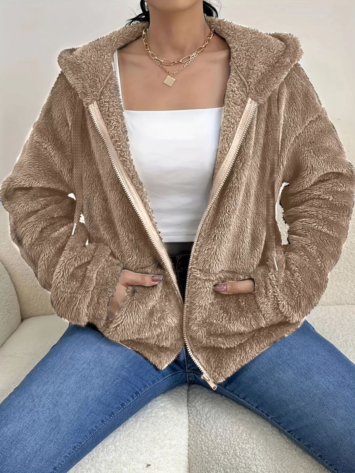 Taupe fleece zip-up hoodie with hood, full zipper front, and long sleeves