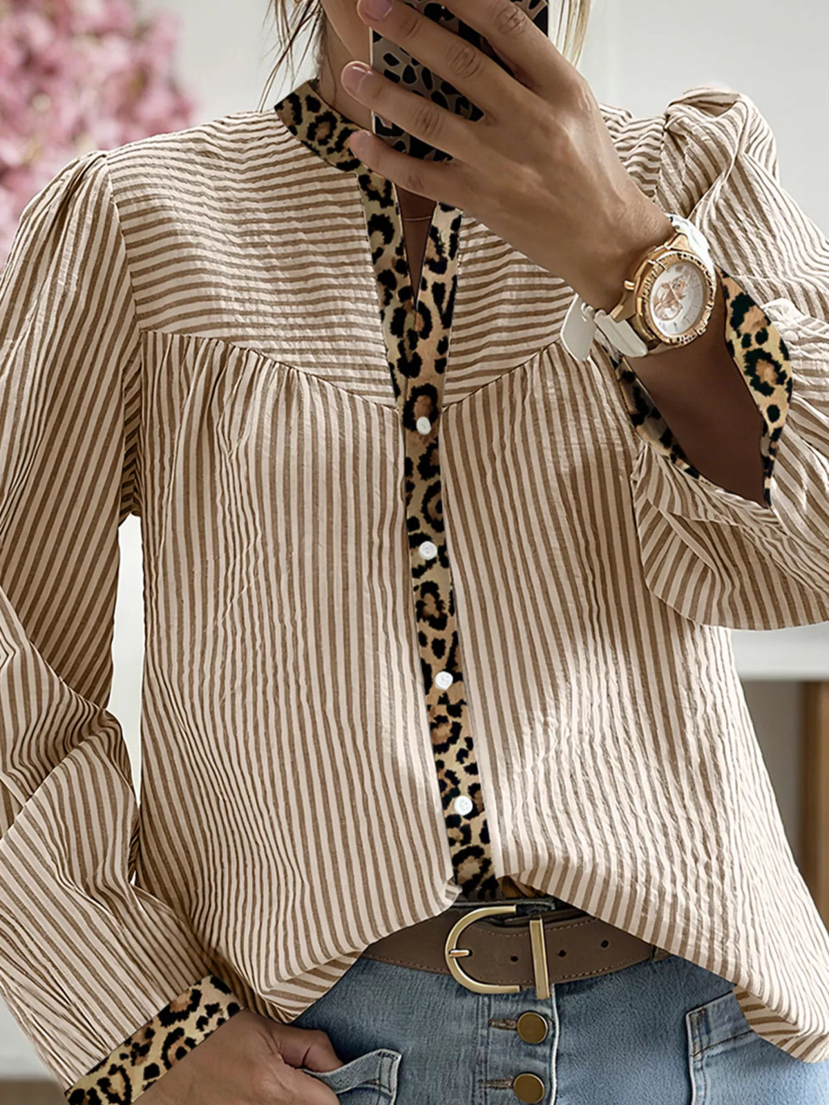 Long-sleeve shirt with striped panels and leopard print trim, front button placket