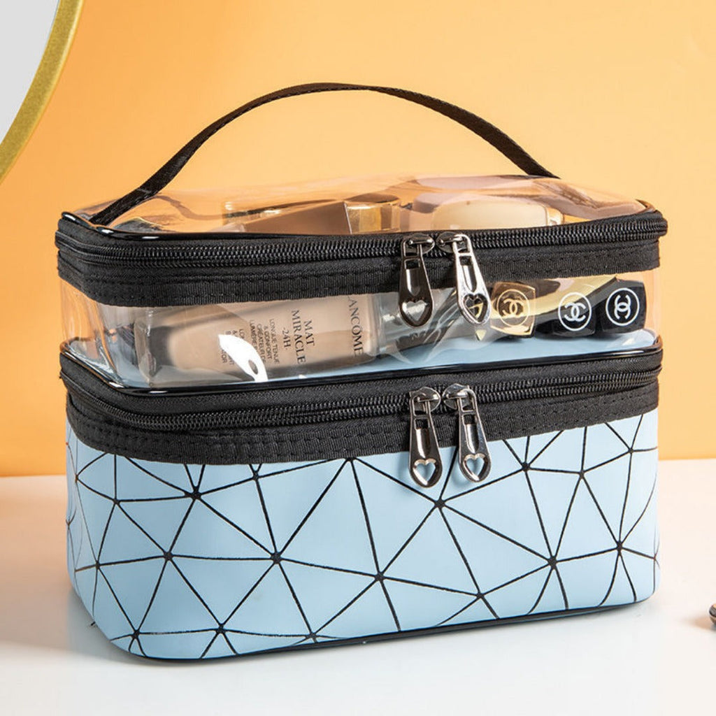 Closed double cosmetic bag with clear lid, black zippers and teal geometric base