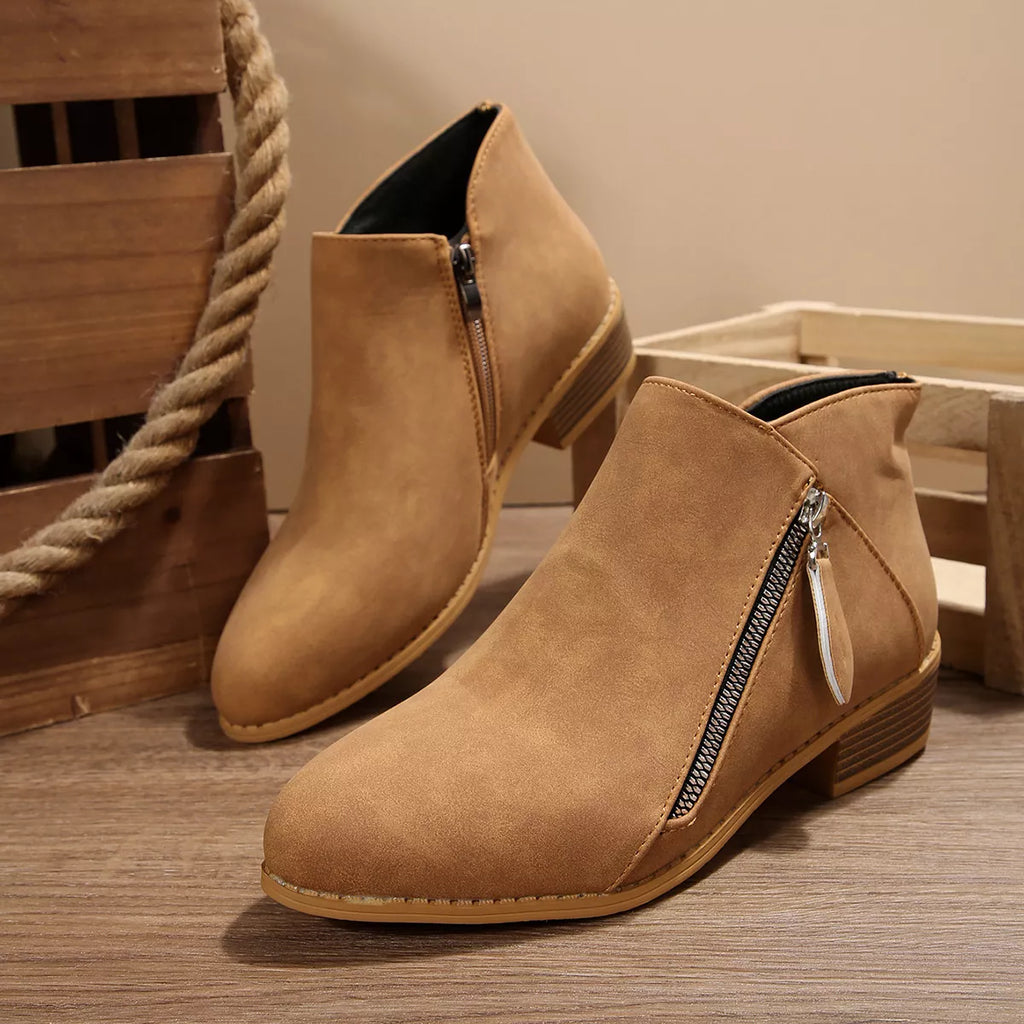 Caramel suede block-heel ankle boots with side zipper and square-toe profile