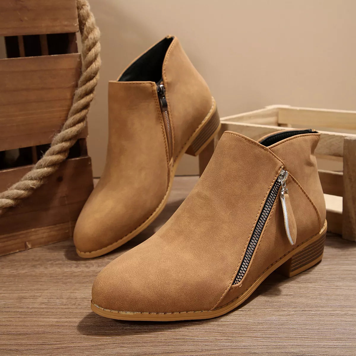 Caramel suede block-heel ankle boots with side zipper and square-toe profile