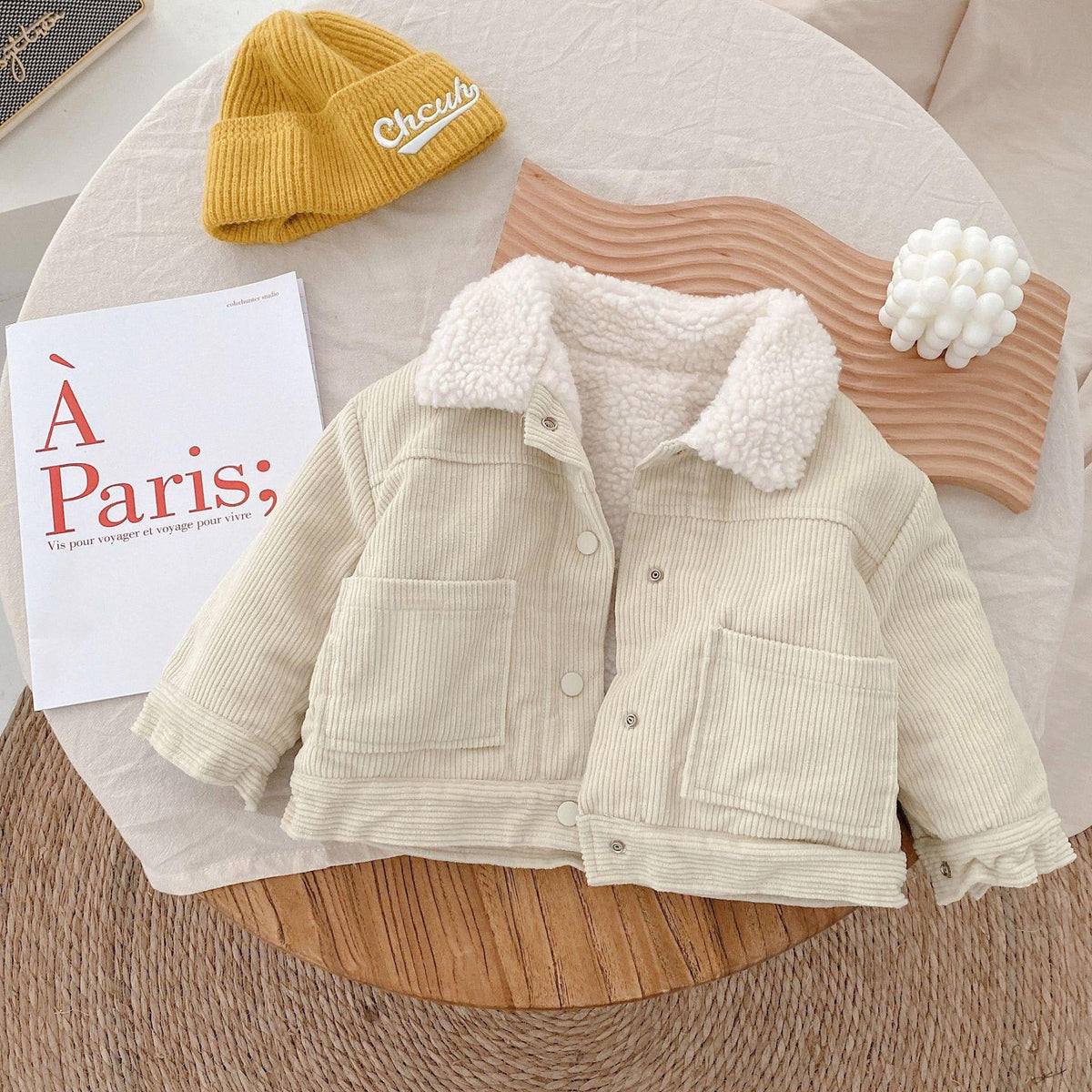 Warm children shirt, beige corduroy button jacket with sherpa-lined collar and pockets
