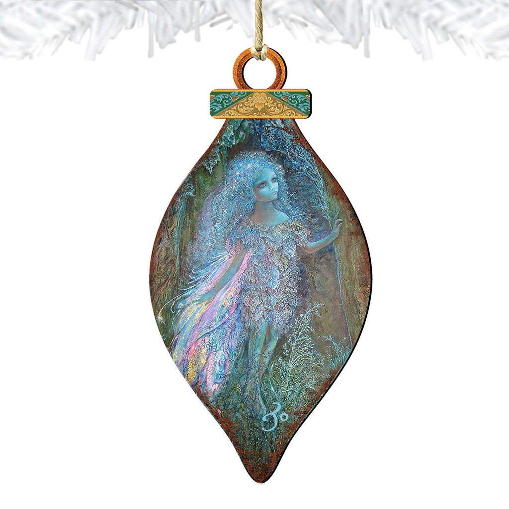 Teardrop wooden forest fairy ornament with blue painted fairy, hanging loop on white background.