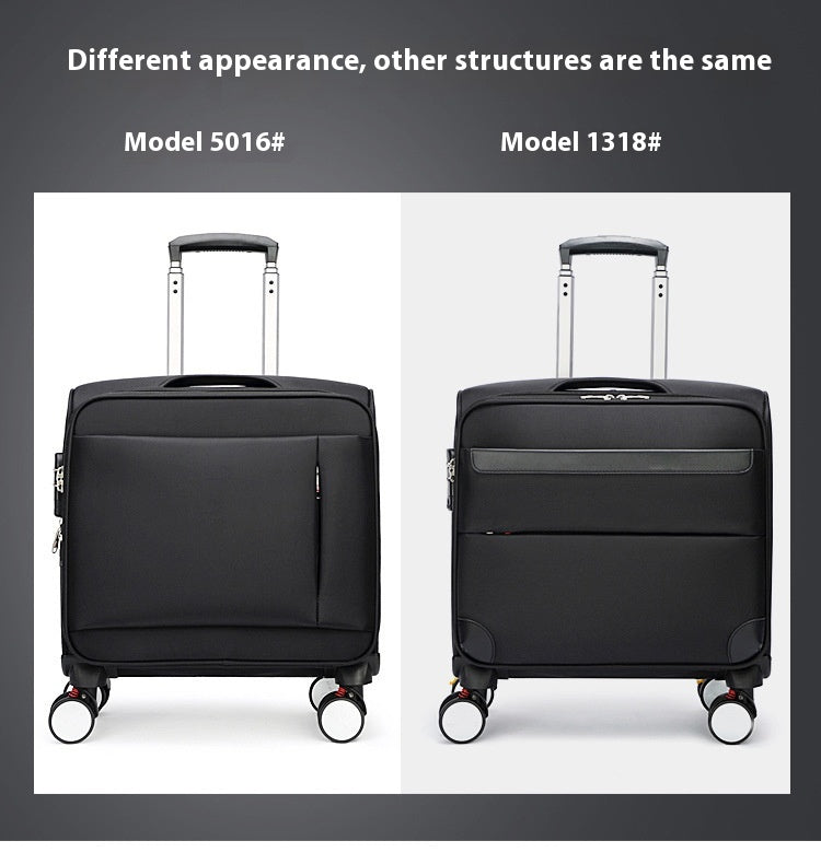 Black carry-on suitcase shown from front and back, with telescoping handle and wheels.