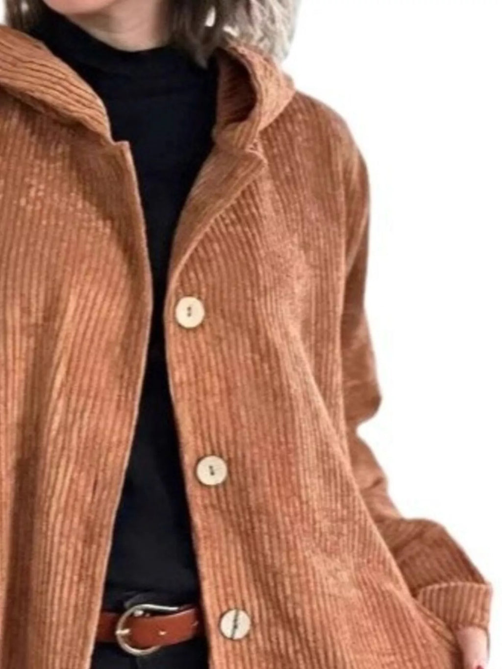 Plus-size corduroy hooded button-up jacket, tan brown, hood and front buttons