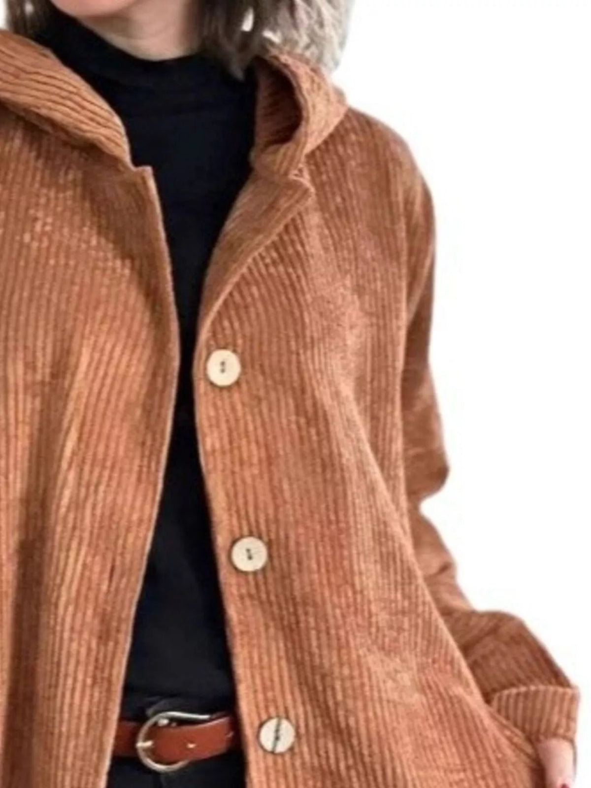 Plus-size corduroy hooded button-up jacket, tan brown, hood and front buttons