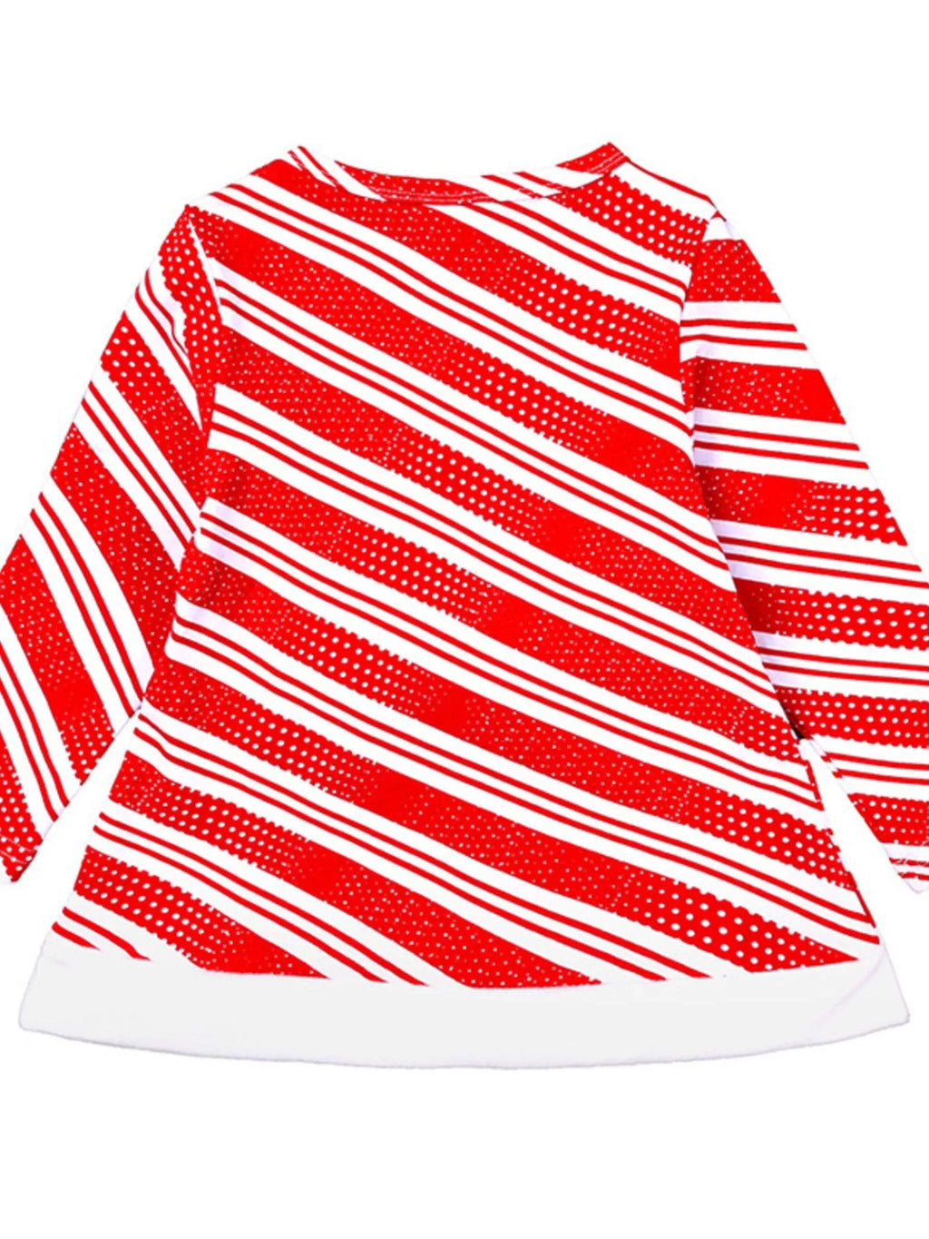 Red and white striped long-sleeve top with white hem, curved front