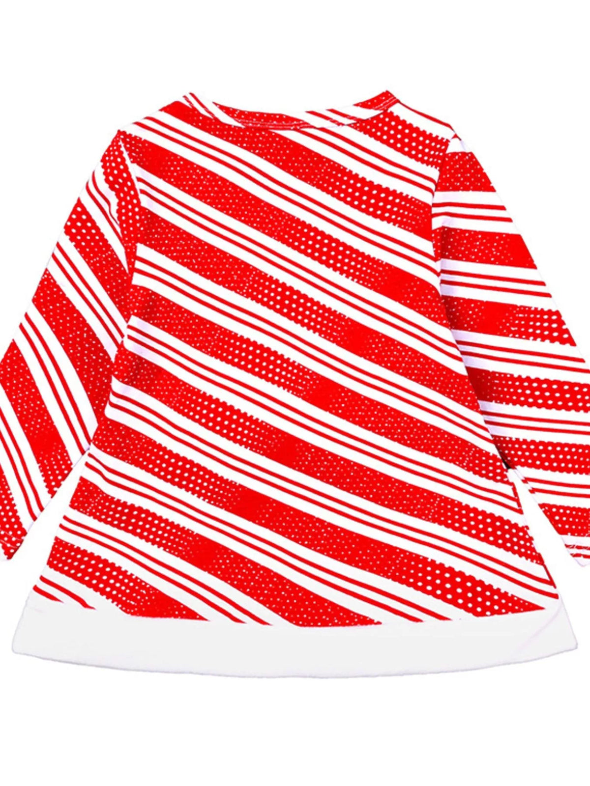 Red and white striped long-sleeve top with white hem, curved front