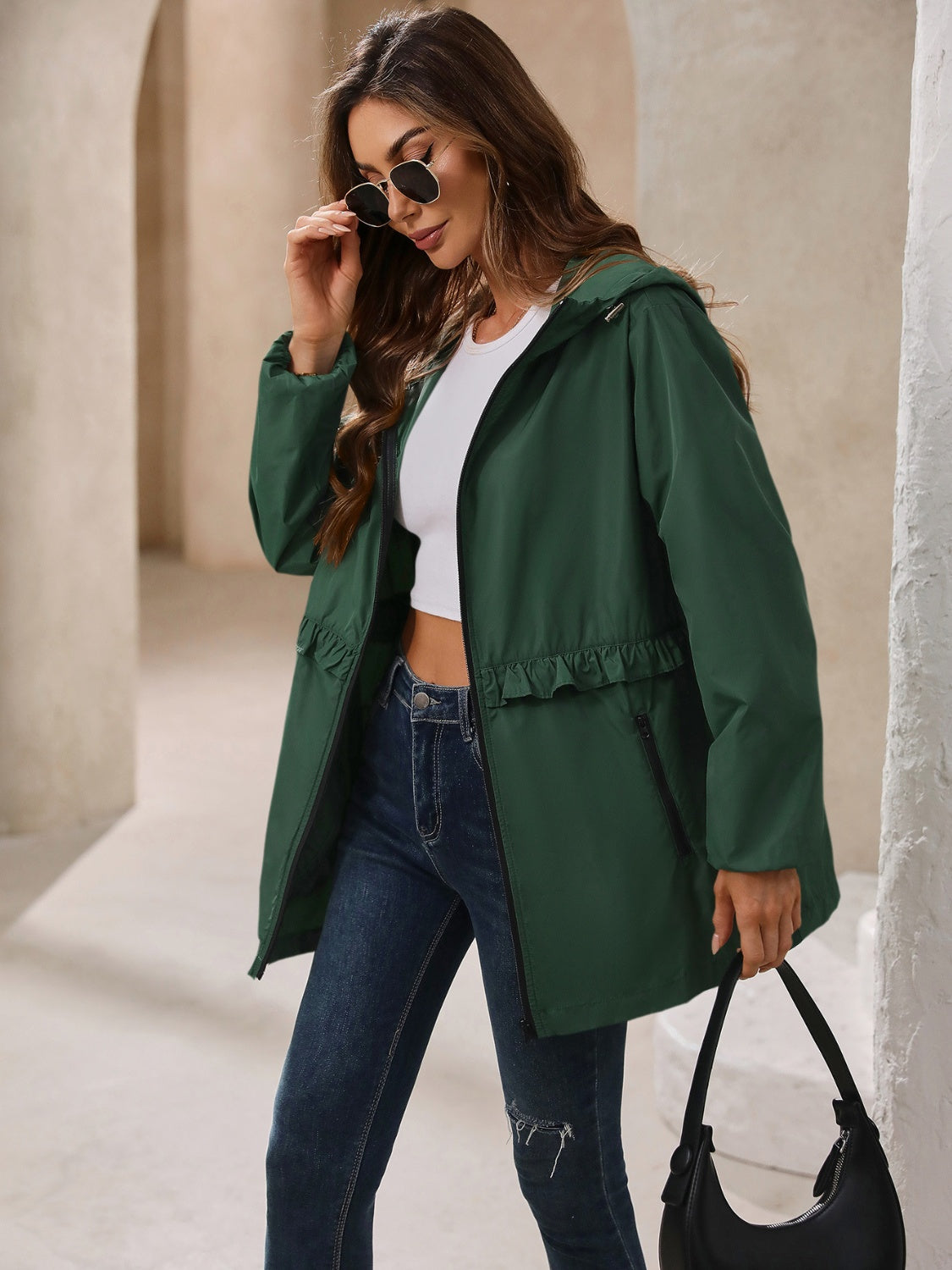 Women’s hooded windbreaker jacket, dark green with drawstring waist and zip front