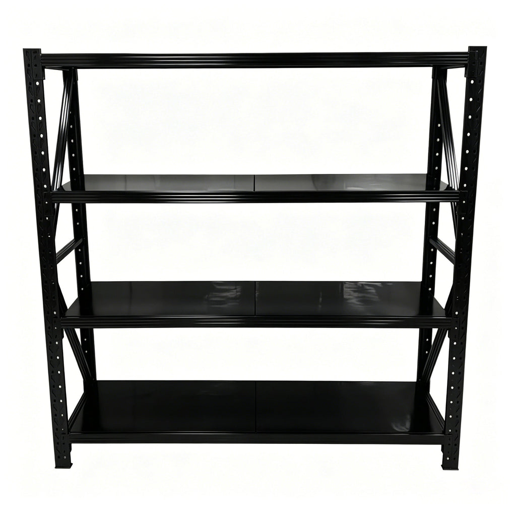 Front view of a black four-tier industrial shelving unit with broad shelf panels