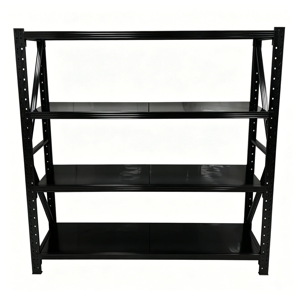 Front view of a black four-tier industrial shelving unit with broad shelf panels