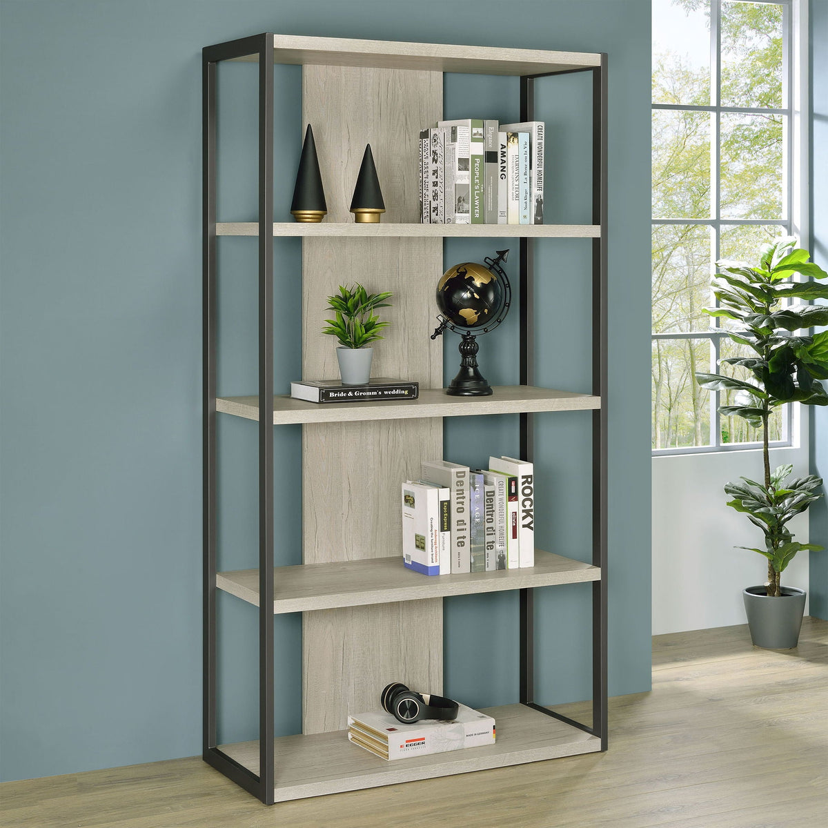 Whitewashed grey 4-shelf bookshelf with dark frame, styled with books and decor