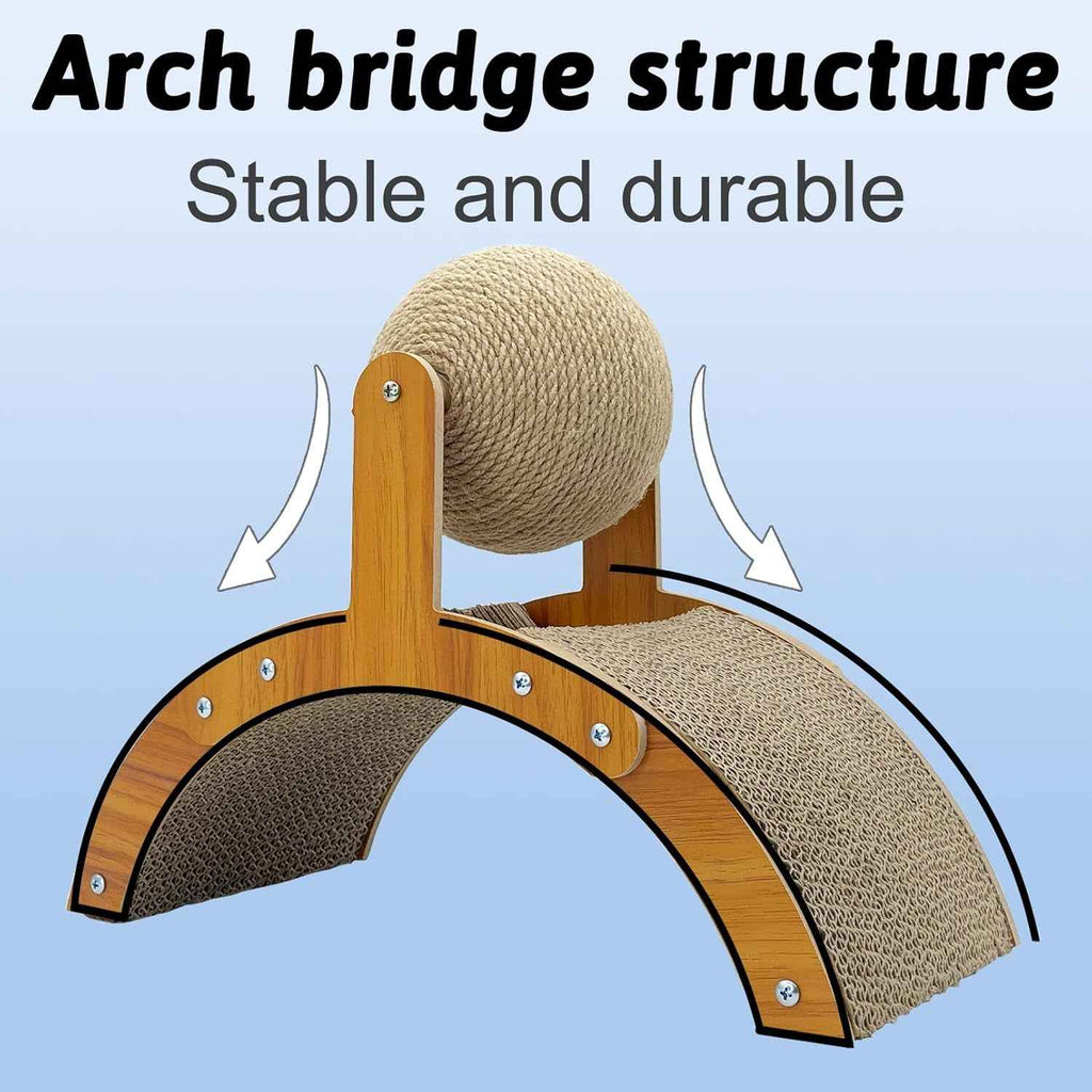 Arched rabbit scratcher with a sisal ball and corrugated cardboard pad